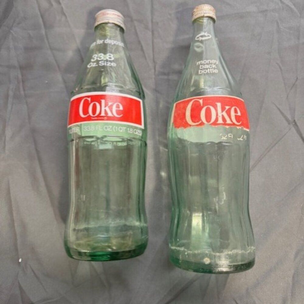 Set of 2 Vintage/Rare Coke Bottles 33.8 fl oz and 32 fl oz Green Glass with Caps